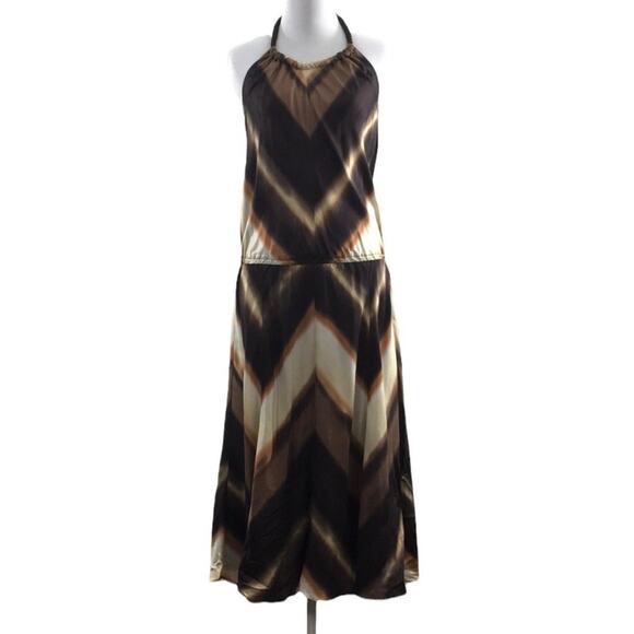 Banana Republic Brown Cream Chevron Striped Halter
Midi Dress Size 2 100% Silk - Picture 1 of 8